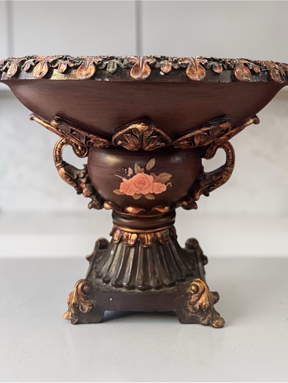 Ornate Brown Decorative bowl with Pink Rose Accent